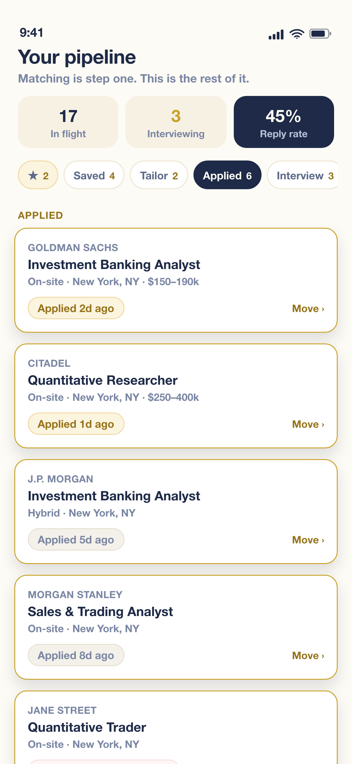Rosejob pipeline board with saved, tailoring, applied, and interviewing columns