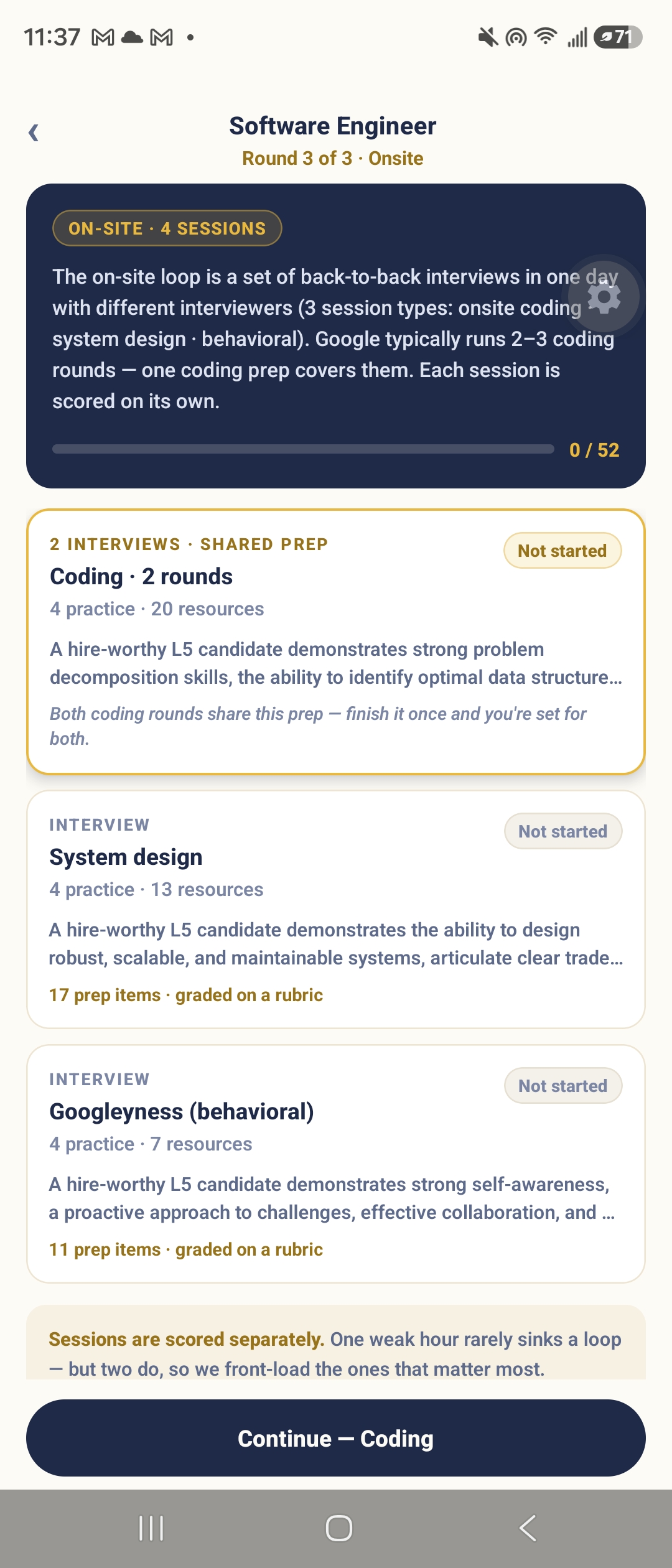 Rosejob interview-prep loop mapped to a company's recruiter screen, technical, and on-site sessions